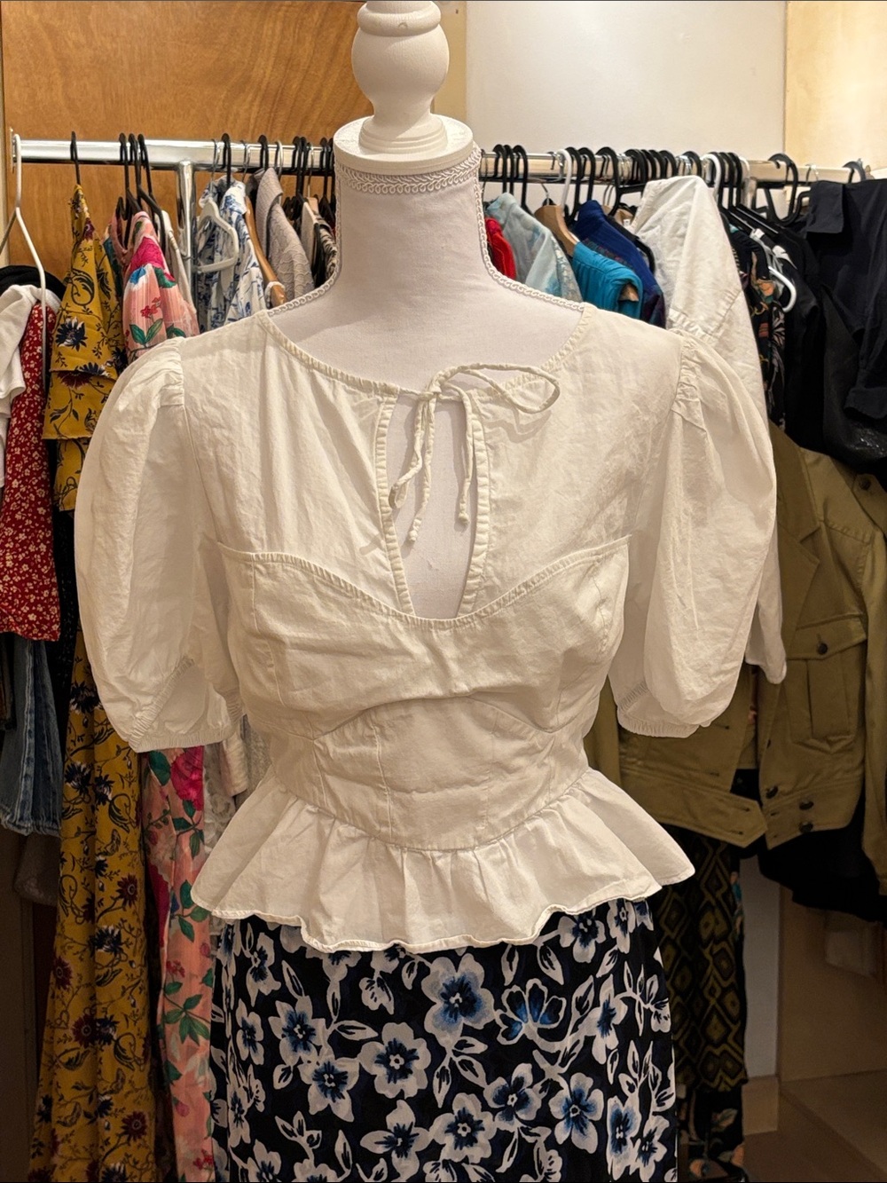 For Love & Lemons Cream Puff-Sleeve Peplum Tie-Front Top